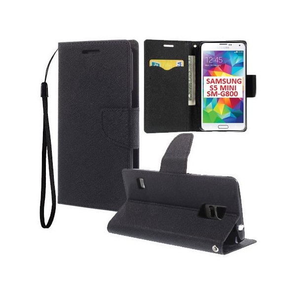 CUSTODIA FLIP ORIZZONTALE per SAMSUNG G800 GALAXY S5 MINI CON INTERNO IN TPU, STAND, PORTA CARTE E LACCIO DA POLSO COLORE NERO