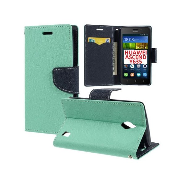 CUSTODIA FLIP ORIZZONTALE per HUAWEI ASCEND Y635 CON INTERNO IN TPU SILICONE, STAND E TASCHE PORTA CARTE COLORE VERDE ACQUA