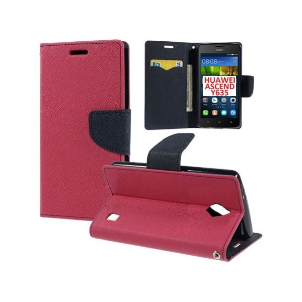 CUSTODIA FLIP ORIZZONTALE per HUAWEI ASCEND Y635 CON INTERNO IN TPU SILICONE, STAND E TASCHE PORTA CARTE COLORE FUCSIA