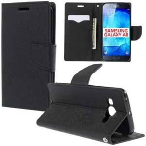 CUSTODIA FLIP ORIZZONTALE per SAMSUNG SM-A800F GALAXY A8 CON STAND, INTERNO IN TPU SILICONE E TASCHE PORTA CARTE COLORE NERO