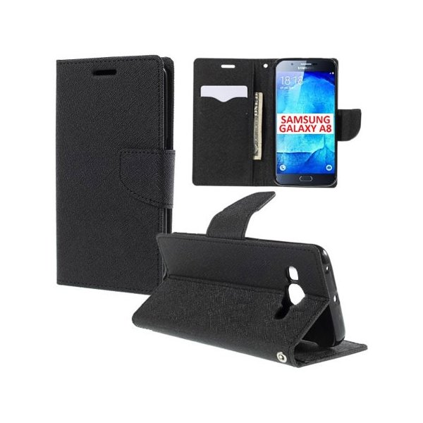 CUSTODIA FLIP ORIZZONTALE per SAMSUNG SM-A800F GALAXY A8 CON STAND, INTERNO IN TPU SILICONE E TASCHE PORTA CARTE COLORE NERO