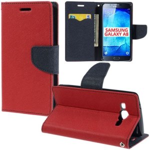 CUSTODIA FLIP ORIZZONTALE per SAMSUNG SM-A800F GALAXY A8 CON STAND, INTERNO IN TPU SILICONE E TASCHE PORTA CARTE COLORE ROSSO