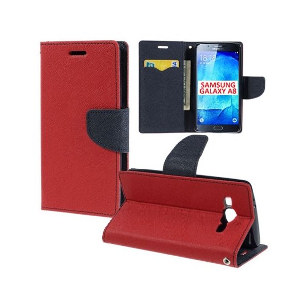 CUSTODIA FLIP ORIZZONTALE per SAMSUNG SM-A800F GALAXY A8 CON STAND, INTERNO IN TPU SILICONE E TASCHE PORTA CARTE COLORE ROSSO