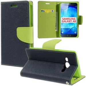 CUSTODIA FLIP ORIZZONTALE per SAMSUNG SM-A800F GALAXY A8 CON STAND, INTERNO IN TPU SILICONE E TASCHE PORTA CARTE COLORE BLU