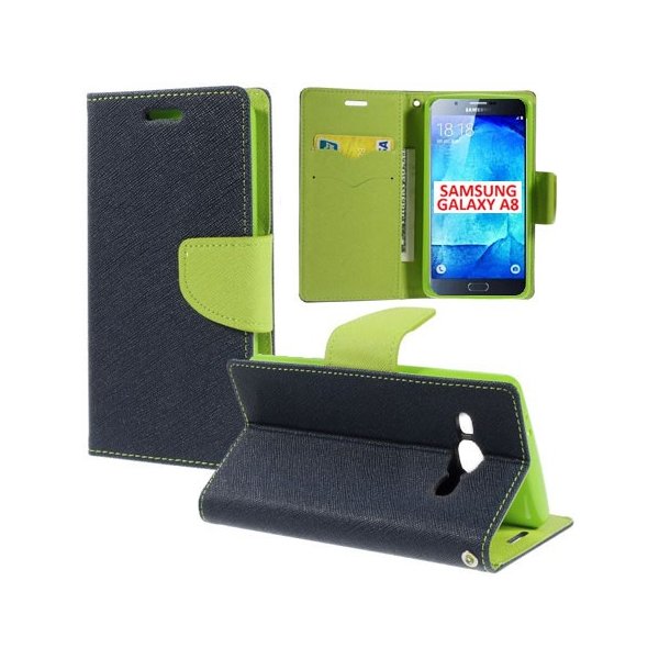 CUSTODIA FLIP ORIZZONTALE per SAMSUNG SM-A800F GALAXY A8 CON STAND, INTERNO IN TPU SILICONE E TASCHE PORTA CARTE COLORE BLU