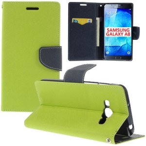 CUSTODIA FLIP ORIZZONTALE per SAMSUNG SM-A800F GALAXY A8 CON STAND, INTERNO IN TPU SILICONE E TASCHE PORTA CARTE COLORE VERDE