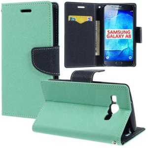 CUSTODIA FLIP ORIZZONTALE per SAMSUNG SM-A800F GALAXY A8 CON STAND, INTERNO IN TPU E TASCHE PORTA CARTE COLORE VERDE ACQUA