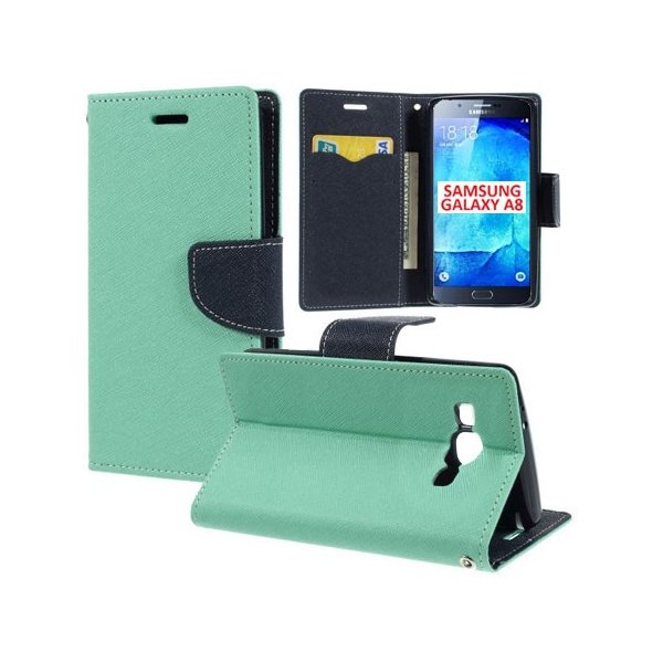 CUSTODIA FLIP ORIZZONTALE per SAMSUNG SM-A800F GALAXY A8 CON STAND, INTERNO IN TPU E TASCHE PORTA CARTE COLORE VERDE ACQUA