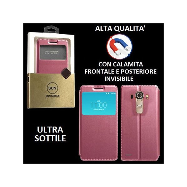 CUSTODIA FLIP ORIZZONTALE PELLE per LG G4, H815 con CHIUSURA MAGNETICA INVISIBILE, STAND ED INTERNO IN TPU SILICONE COLORE ROSA