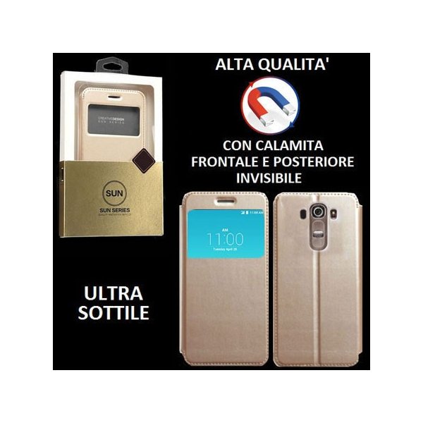 CUSTODIA FLIP ORIZZONTALE PELLE per LG G4, H815 con CHIUSURA MAGNETICA INVISIBILE, STAND ED INTERNO IN TPU SILICONE COLORE ORO