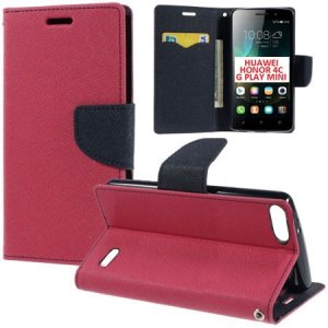 CUSTODIA FLIP ORIZZONTALE per HUAWEI HONOR 4C, G PLAY MINI, G650 CON INTERNO IN TPU, STAND E TASCHE PORTA CARTE COLORE FUCSIA