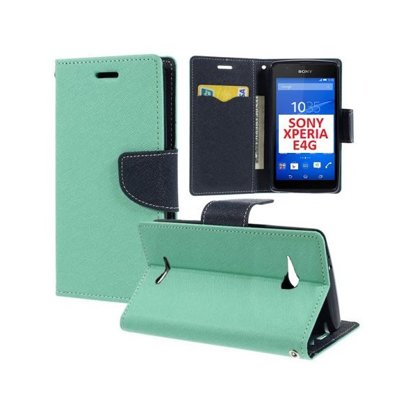 CUSTODIA FLIP ORIZZONTALE per SONY XPERIA E4G, SONY XPERIA E4G DUAL CON INTERNO IN TPU, STAND E PORTA CARTE COLORE VERDE ACQUA