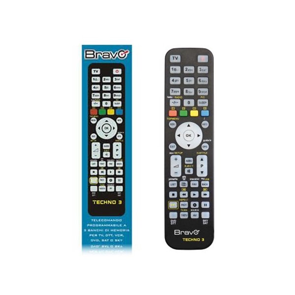 TELECOMANDO UNIVERSALE PROGRAMMABILE DA PC CON 3 BANCHI DI MEMORIA PER TV, DTT, VCR, DVD, SAT E SKY COLORE NERO TECHNO3 BRAVO