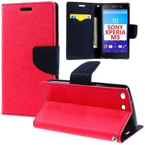 CUSTODIA FLIP ORIZZONTALE per SONY XPERIA M5, XPERIA M5 DUAL CON INTERNO IN TPU, STAND E TASCHE PORTA CARTE COLORE FUCSIA