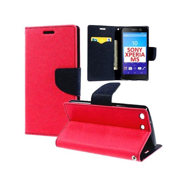 CUSTODIA FLIP ORIZZONTALE per SONY XPERIA M5, XPERIA M5 DUAL CON INTERNO IN TPU, STAND E TASCHE PORTA CARTE COLORE FUCSIA