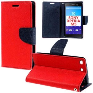 CUSTODIA FLIP ORIZZONTALE per SONY XPERIA M5, XPERIA M5 DUAL CON INTERNO IN TPU, STAND E TASCHE PORTA CARTE COLORE ROSSO