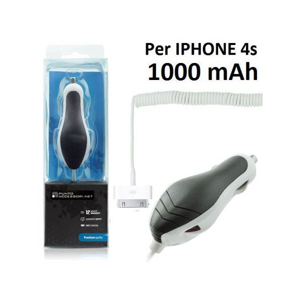 CARICATORE AUTO 1000mAh CON CONNETTORE 30 PIN PER DISPOSITIVI APPLE - CAVO A SPIRALE COLORE BIANCO (CA27.IPHONE.BI)