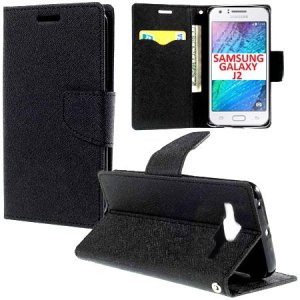 CUSTODIA FLIP ORIZZONTALE per SAMSUNG SM-J200F GALAXY J2 CON STAND, INTERNO IN TPU SILICONE E TASCHE PORTA CARTE COLORE NERO