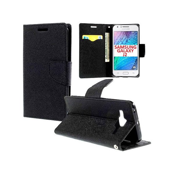 CUSTODIA FLIP ORIZZONTALE per SAMSUNG SM-J200F GALAXY J2 CON STAND, INTERNO IN TPU SILICONE E TASCHE PORTA CARTE COLORE NERO