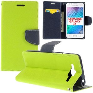 CUSTODIA FLIP ORIZZONTALE per SAMSUNG SM-J200F GALAXY J2 CON STAND, INTERNO IN TPU SILICONE E TASCHE PORTA CARTE COLORE VERDE