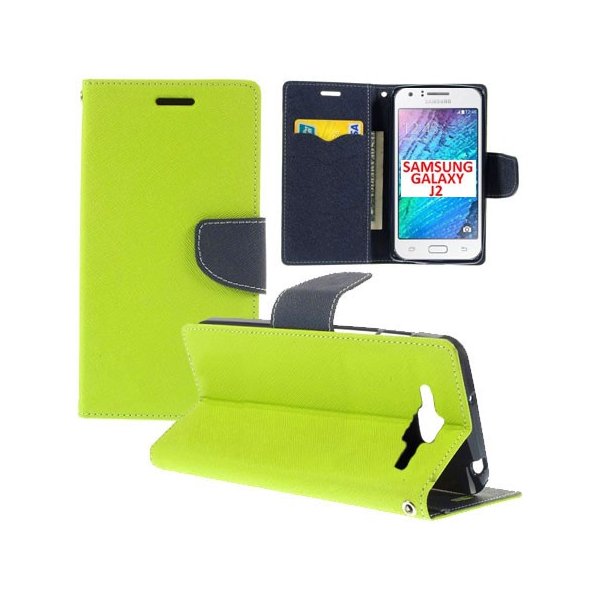 CUSTODIA FLIP ORIZZONTALE per SAMSUNG SM-J200F GALAXY J2 CON STAND, INTERNO IN TPU SILICONE E TASCHE PORTA CARTE COLORE VERDE