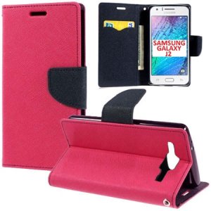 CUSTODIA FLIP ORIZZONTALE per SAMSUNG SM-J200F GALAXY J2 CON STAND, INTERNO IN TPU E TASCHE PORTA CARTE COLORE FUCSIA