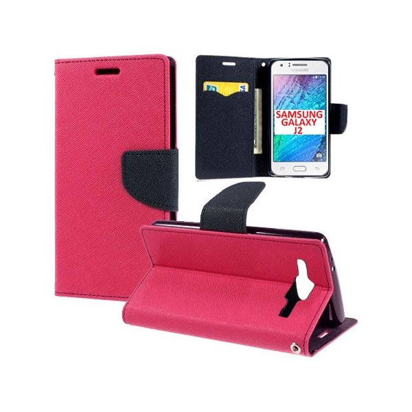 CUSTODIA FLIP ORIZZONTALE per SAMSUNG SM-J200F GALAXY J2 CON STAND, INTERNO IN TPU E TASCHE PORTA CARTE COLORE FUCSIA