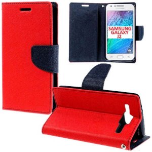 CUSTODIA FLIP ORIZZONTALE per SAMSUNG SM-J200F GALAXY J2 CON STAND, INTERNO IN TPU E TASCHE PORTA CARTE COLORE ROSSO