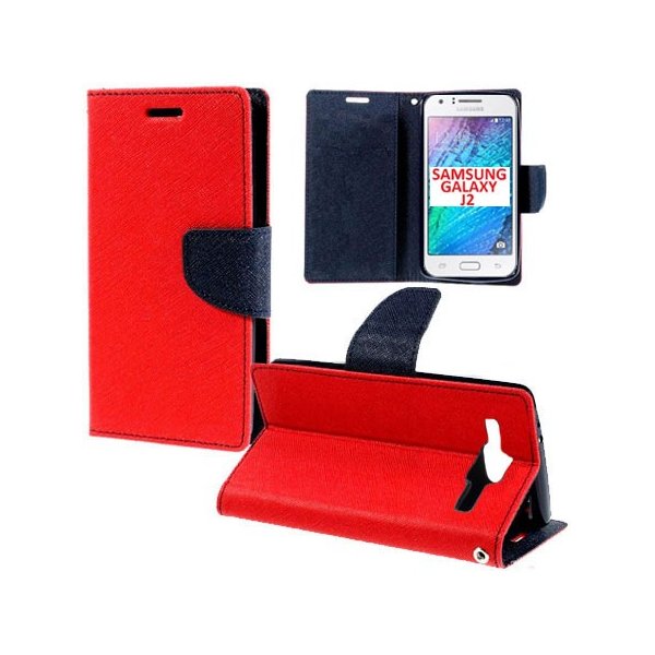 CUSTODIA FLIP ORIZZONTALE per SAMSUNG SM-J200F GALAXY J2 CON STAND, INTERNO IN TPU E TASCHE PORTA CARTE COLORE ROSSO