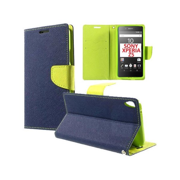 CUSTODIA FLIP ORIZZONTALE per SONY XPERIA Z5, XPERIA Z5 DUAL CON STAND, INTERNO IN TPU SILICONE E TASCHE PORTA CARTE COLORE BLU