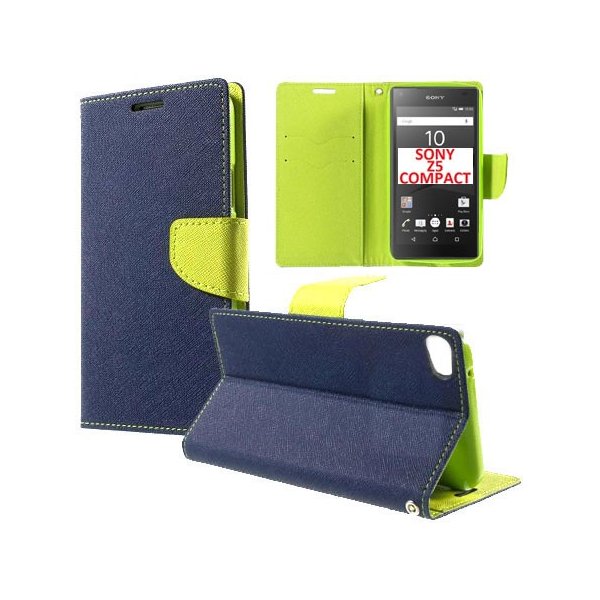 CUSTODIA FLIP ORIZZONTALE per SONY XPERIA Z5 COMPACT E5803, E5823 CON STAND, INTERNO IN TPU SILICONE E PORTA CARTE COLORE BLU