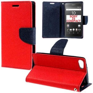 CUSTODIA FLIP ORIZZONTALE per SONY XPERIA Z5 COMPACT E5803, E5823 CON STAND, INTERNO IN TPU SILICONE E PORTA CARTE COLORE ROSSO