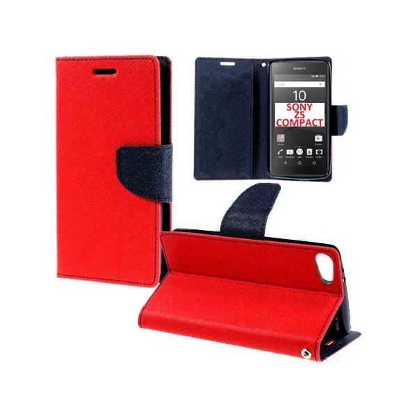 CUSTODIA FLIP ORIZZONTALE per SONY XPERIA Z5 COMPACT E5803, E5823 CON STAND, INTERNO IN TPU SILICONE E PORTA CARTE COLORE ROSSO