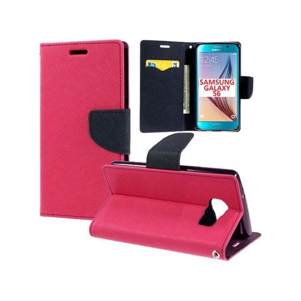 CUSTODIA FLIP ORIZZONTALE per SAMSUNG SM-G920 GALAXY S6 CON STAND, INTERNO IN TPU E TASCHE PORTA CARTE COLORE FUCSIA