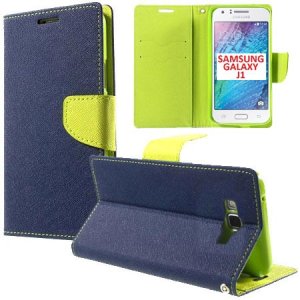 CUSTODIA FLIP ORIZZONTALE per SAMSUNG SM-J100H GALAXY J1 CON INTERNO IN TPU SILICONE, STAND E PORTA CARTE COLORE BLU