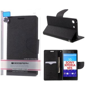 CUSTODIA FLIP ORIZZONTALE per SONY XPERIA M5, XPERIA M5 DUAL CON INTERNO IN TPU, STAND E PORTA CARTE COLORE NERO FANCY MERCURY