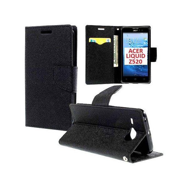 CUSTODIA FLIP ORIZZONTALE per ACER LIQUID Z520 CON INTERNO IN TPU SILICONE, STAND E TASCHE PORTA CARTE COLORE NERO