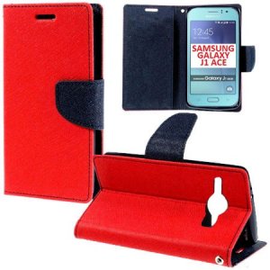 CUSTODIA FLIP ORIZZONTALE per SAMSUNG SM-J110 GALAXY J1 ACE CON INTERNO IN TPU, STAND E TASCHE PORTA CARTE COLORE ROSSO