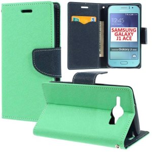 CUSTODIA FLIP ORIZZONTALE per SAMSUNG SM-J110 J1 ACE, SM-J111 J1 ACE NEO CON INTERNO IN TPU, STAND E PORTA CARTE VERDE ACQUA