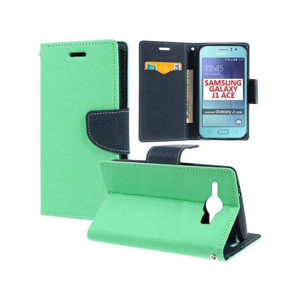 CUSTODIA FLIP ORIZZONTALE per SAMSUNG SM-J110 J1 ACE, SM-J111 J1 ACE NEO CON INTERNO IN TPU, STAND E PORTA CARTE VERDE ACQUA