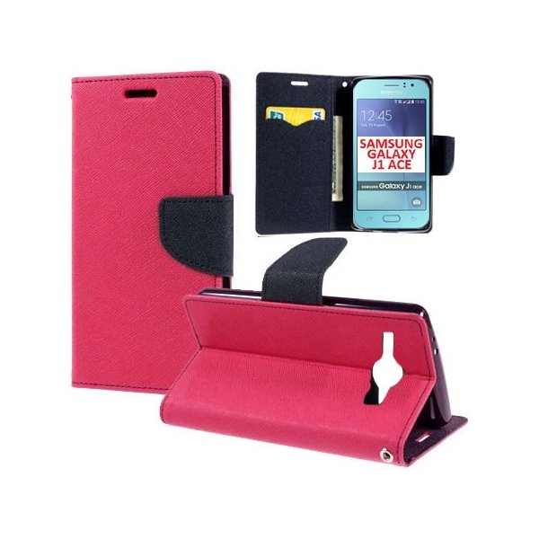 CUSTODIA FLIP ORIZZONTALE per SAMSUNG SM-J110 GALAXY J1 ACE, SM-J111 J1 ACE NEO CON INTERNO IN TPU, STAND E PORTA CARTE FUCSIA