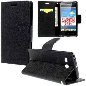 CUSTODIA FLIP ORIZZONTALE per HUAWEI ASCEND Y511 CON INTERNO IN TPU SILICONE, STAND E TASCHE PORTA CARTE COLORE NERO