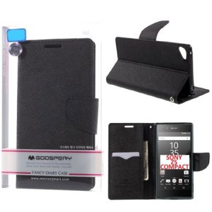 CUSTODIA FLIP ORIZZONTALE per SONY XPERIA Z5 COMPACT CON INTERNO IN TPU, STAND E PORTA CARTE COLORE NERO FANCY DIARY MERCURY