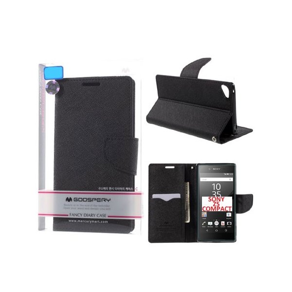 CUSTODIA FLIP ORIZZONTALE per SONY XPERIA Z5 COMPACT CON INTERNO IN TPU, STAND E PORTA CARTE COLORE NERO FANCY DIARY MERCURY