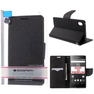 CUSTODIA FLIP ORIZZONTALE per SONY XPERIA Z5 PREMIUM CON INTERNO IN TPU, STAND E PORTA CARTE COLORE NERO FANCY DIARY MERCURY