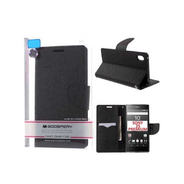 CUSTODIA FLIP ORIZZONTALE per SONY XPERIA Z5 PREMIUM CON INTERNO IN TPU, STAND E PORTA CARTE COLORE NERO FANCY DIARY MERCURY