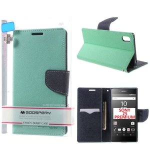 CUSTODIA FLIP ORIZZONTALE per SONY XPERIA Z5 PREMIUM CON INTERNO IN TPU, STAND E PORTA CARTE COLORE VERDE ACQUA FANCY MERCURY