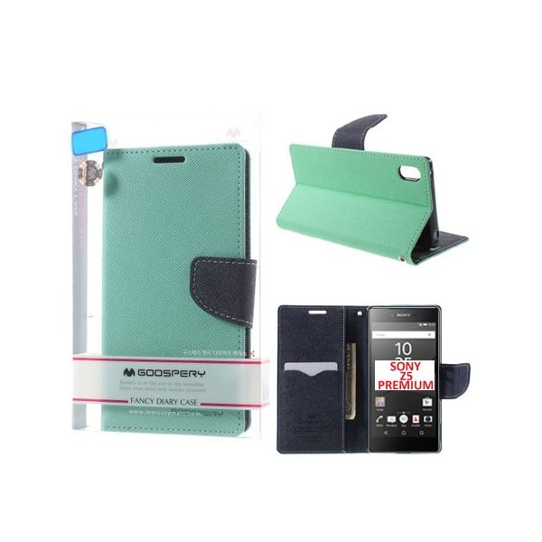 CUSTODIA FLIP ORIZZONTALE per SONY XPERIA Z5 PREMIUM CON INTERNO IN TPU, STAND E PORTA CARTE COLORE VERDE ACQUA FANCY MERCURY