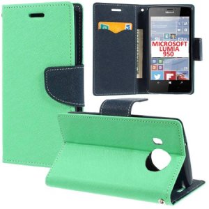 CUSTODIA FLIP ORIZZONTALE per MICROSOFT LUMIA 950, LUMIA 950 DUAL CON INTERNO IN TPU, STAND E PORTA CARTE COLORE VERDE ACQUA