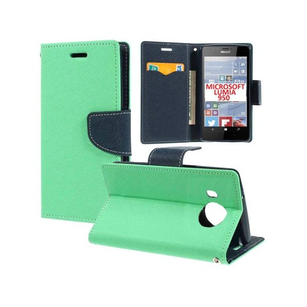 CUSTODIA FLIP ORIZZONTALE per MICROSOFT LUMIA 950, LUMIA 950 DUAL CON INTERNO IN TPU, STAND E PORTA CARTE COLORE VERDE ACQUA